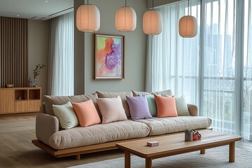 Minimalist, contemporary Japani interiors in the living room with Japanese lighting and sofas. Generative AI
