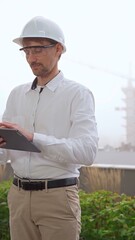 Male construction engineer or architect, wearing a white shirt and helmet, is using a digital tablet while inspecting a building site in foggy weather, front view. Architecture concept