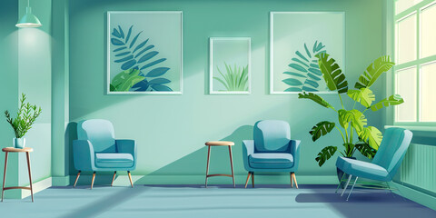 A calming blue and green color scheme in a group therapy room, encouraging open communication and mutual understanding.