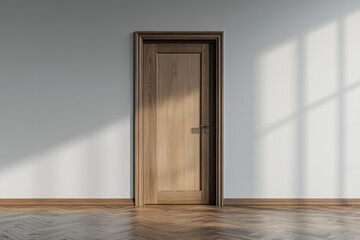 Fototapeta premium A simple, empty room with a wooden door and parquet floor