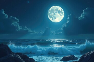The night sky with a large blue moon rises above the sea among the clouds.