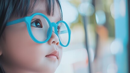 Young child wearing blue glasses focusing on distant tree outside window, symbolizing myopia prevention and importance of outdoor activities.