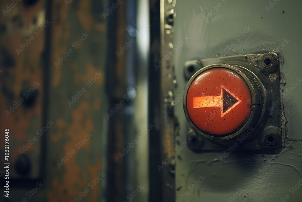 Poster illuminated red button with a right arrow sign, indicating the correct way to proceed