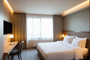 A cozy modern hotel bedroom in the morning with a double bed and sunlight effect from windows.