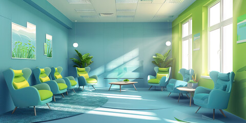 A calming blue and green color scheme in a group therapy room, encouraging open communication and mutual understanding.