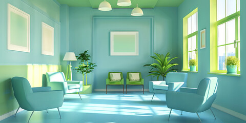 A calming blue and green color scheme in a group therapy room, encouraging open communication and mutual understanding.