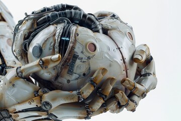 Close-up of a robot's head and arm, suitable for technology and innovation illustrations