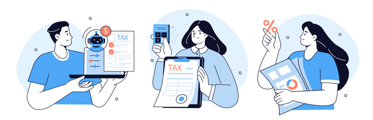 AI technology in finance and accounting set. Collection of characters preparing automated tax return with artificial intelligence, chatbot, generative tools. Vector illustration.