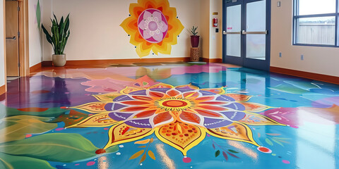 A colorful mandala painted on the floor of a yoga studio within a mental health center, promoting mindfulness and balance.