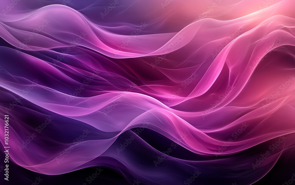 Poster A mesmerizing abstract representation of flowing waves in dark fuchsia and violet, highlighting dynamic textures and fluid curved lines in digital art