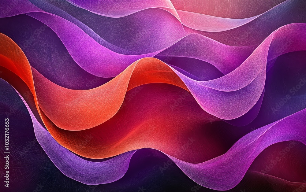 Poster A mesmerizing abstract representation of flowing waves in dark fuchsia and violet, highlighting dynamic textures and fluid curved lines in digital art