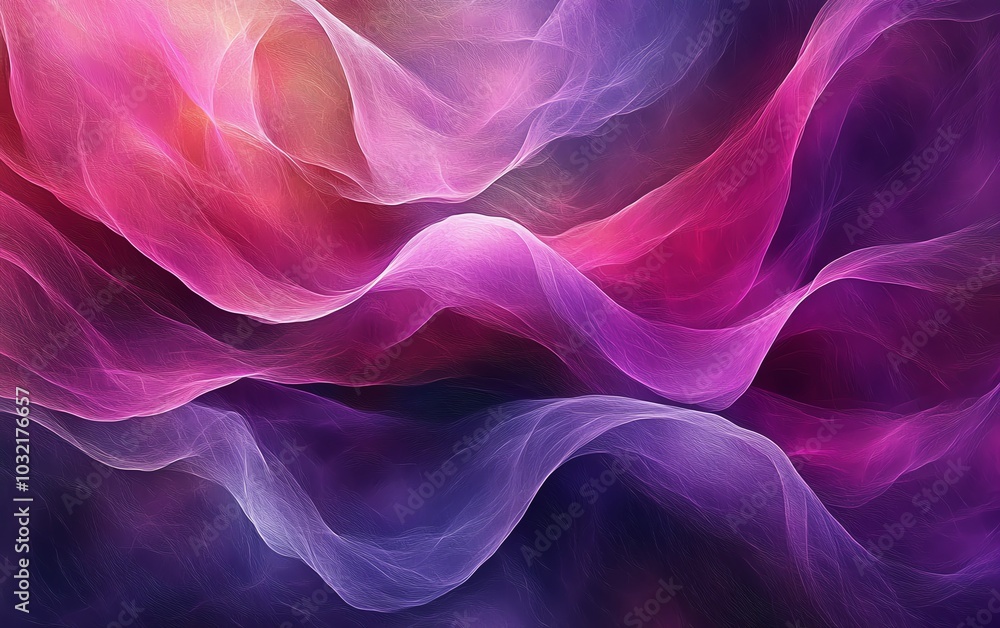 Poster A mesmerizing abstract representation of flowing waves in dark fuchsia and violet, highlighting dynamic textures and fluid curved lines in digital art