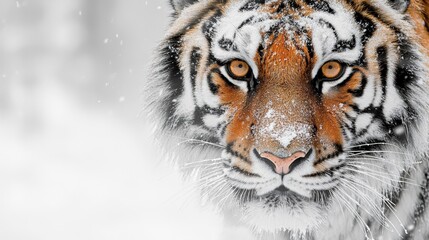 Obraz premium A close-up of a Siberian tiger's face with snowflakes falling around it.