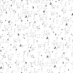 Black stars and moon night white background seamless pattern