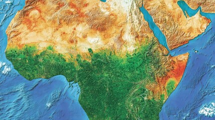 A detailed topographical map of the continent of Africa, showing the varied terrain and landforms of the region.
