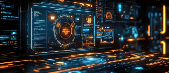 Fototapeta premium Futuristic interface with glowing blue and orange digital displays and panels.