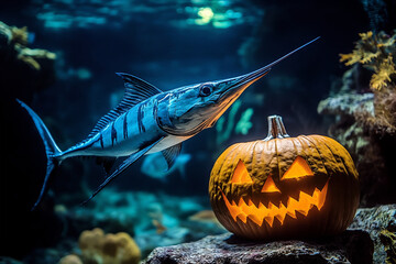 Underwater Halloween. Striped Marlin and Glowing Jack-o'-Lantern Pumpkin in a Marine Wonderland