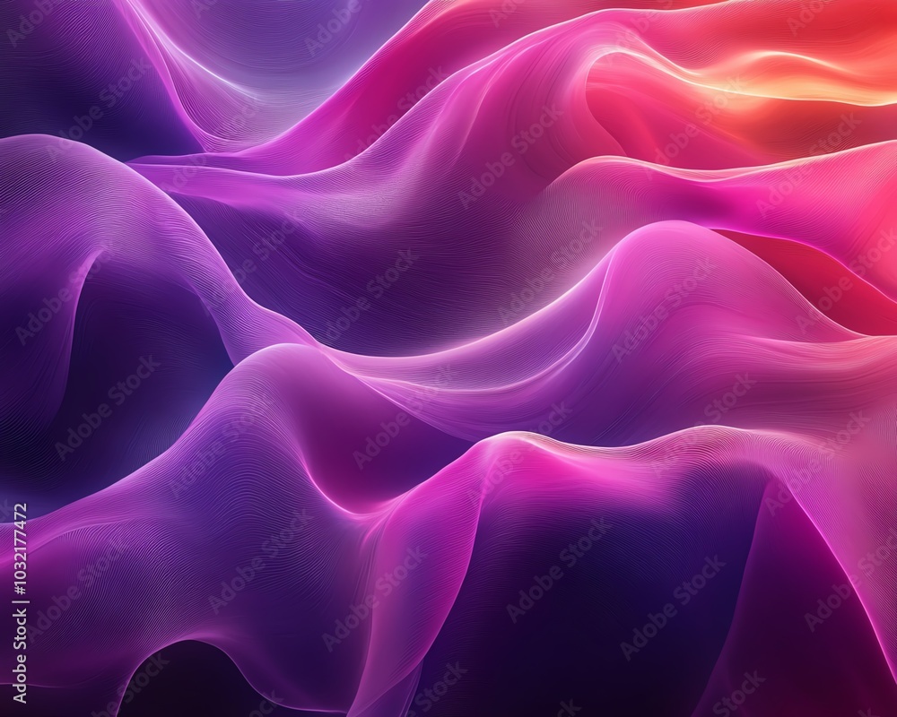 Poster A striking abstract background of flowing waves in shades of dark fuchsia and violet, emphasizing the dynamic interplay of curved lines and textures in digital art