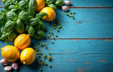 Fresh basil, sprigs of thyme, and vibrant green parsley alongside bright lemons and garlic cloves on a rustic blue wooden background with a worn texture, creating a warm cooking with space for text