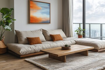 Fototapeta premium Minimalist, contemporary Japani interiors in the living room with walls and sofas with art frames hanging. Generative AI 