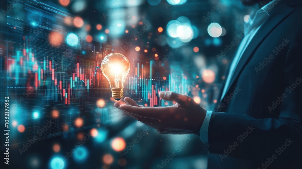 Poster businessman holding creative light bulb with growth graph, analytics icons. utilizing analytics tech
