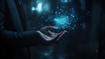 Businessman holding virtual email icon with hologram interface and data flow in hand on dark background, digital technology concept for online e mailbox mail social media internet marketing.