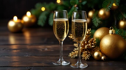 champagne and christmas decorations