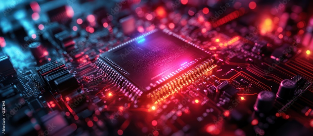 Poster Close-up of a computer processor on a circuit board with red and blue lights.