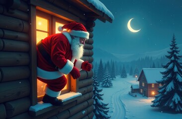 Obraz premium Santa Claus climbs out of the window