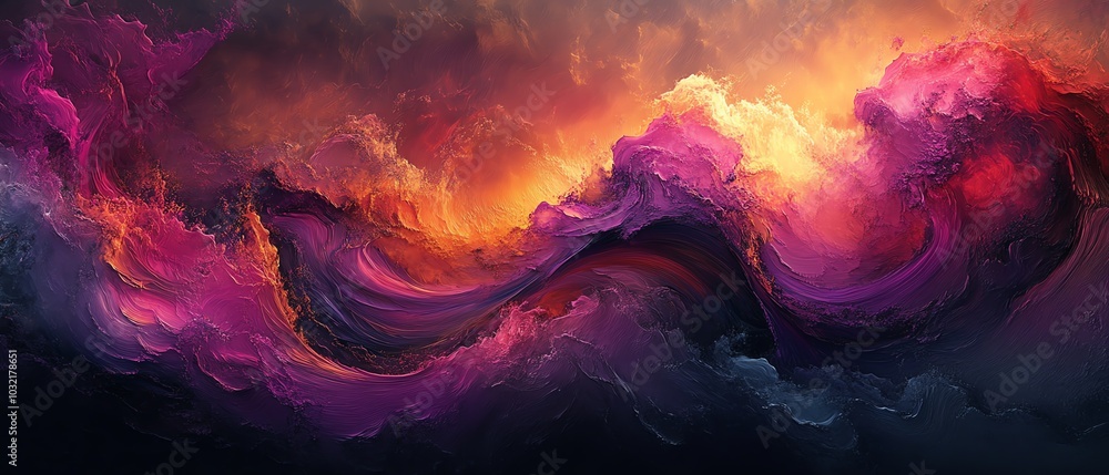 Poster A vibrant digital art piece showcasing flowing waves with dark fuchsia and violet tones, featuring dynamic curved lines and intricate textures in the background