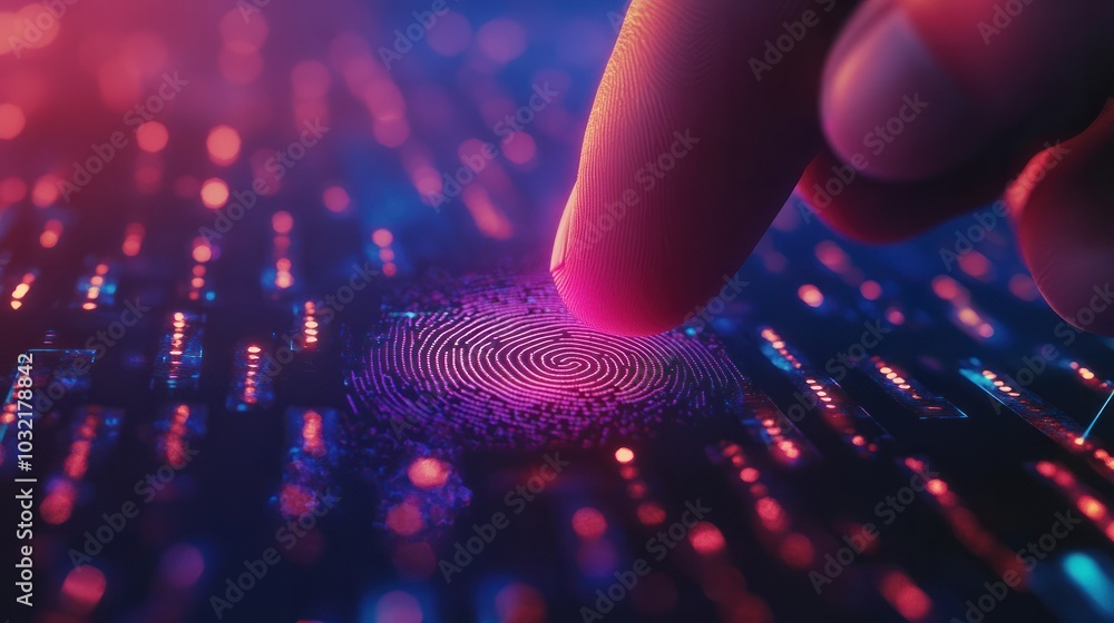 Poster businessman using fingerprint scanning to unlock and access business information network biometric i