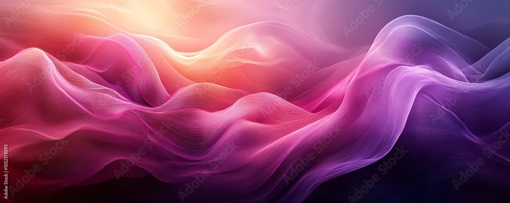 Poster An elegant abstract representation of flowing waves with dark fuchsia and violet colors, showcasing dynamic textures and graceful curved lines in digital art