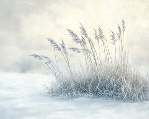 Obraz premium An artistic portrayal of a frosty meadow with delicate ice crystals encasing blades of grass, emphasizing the beauty of natures tenacity in a minimalist winter setting