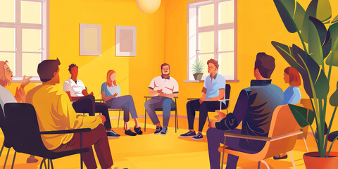 A group therapy session in a serene yellow-walled room, with individuals sharing their experiences and supporting each other.