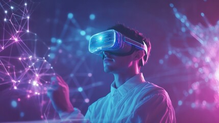 Businessman using virtual metaverse and future digital technology , Virtual Global Internet connection network with AI Artificial Intelligence digital