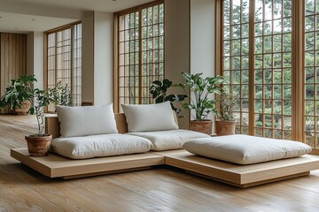 Minimalist, modern japandi interiors in the living room with plaid windows and sofas. Generative AI

