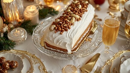 Festive yule log dessert with almond topping on a white tablecloth surrounded by golden and white decor with champagne flutes.