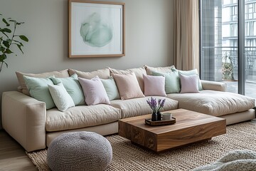 Minimalist, contemporary Japani interiors in the living room with windows and sofas. Generative AI
