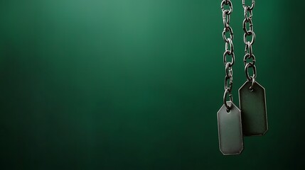 Fototapeta premium Minimalist image featuring two metal tags hanging from a chain against a green background, perfect for identity or military themes and creative projects.