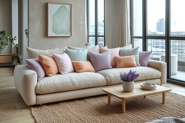 Fototapeta premium Minimalist, contemporary Japani interiors in the living room with windows and sofas. Generative AI 