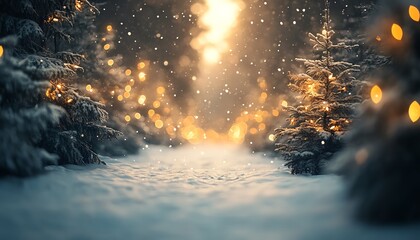 Naklejka premium A beautiful winter scene of snowcovered fir trees along a quiet path, enhanced by a sparkling bokeh effect for an inviting New Year background
