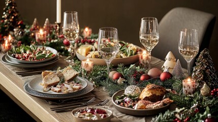 Festive Christmas dinner table setting with white wine, candles and ornaments.