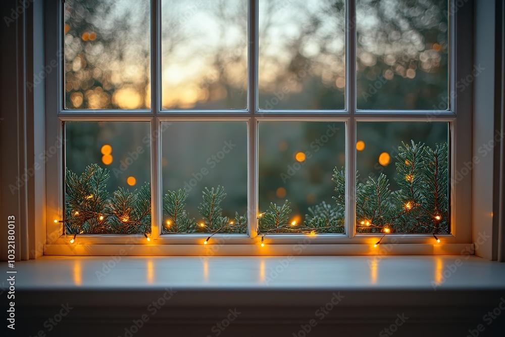 Poster a window with lights on the outside and inside