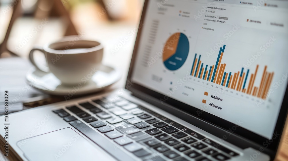 Poster a laptop with a cup of coffee on a table, displaying a graph and a pie chart.