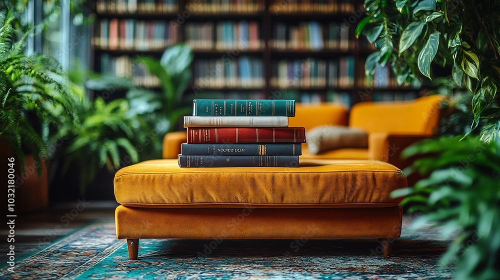 Poster vibrant world book day image showcasing an eclectic stack of books in a modern library surrounded by
