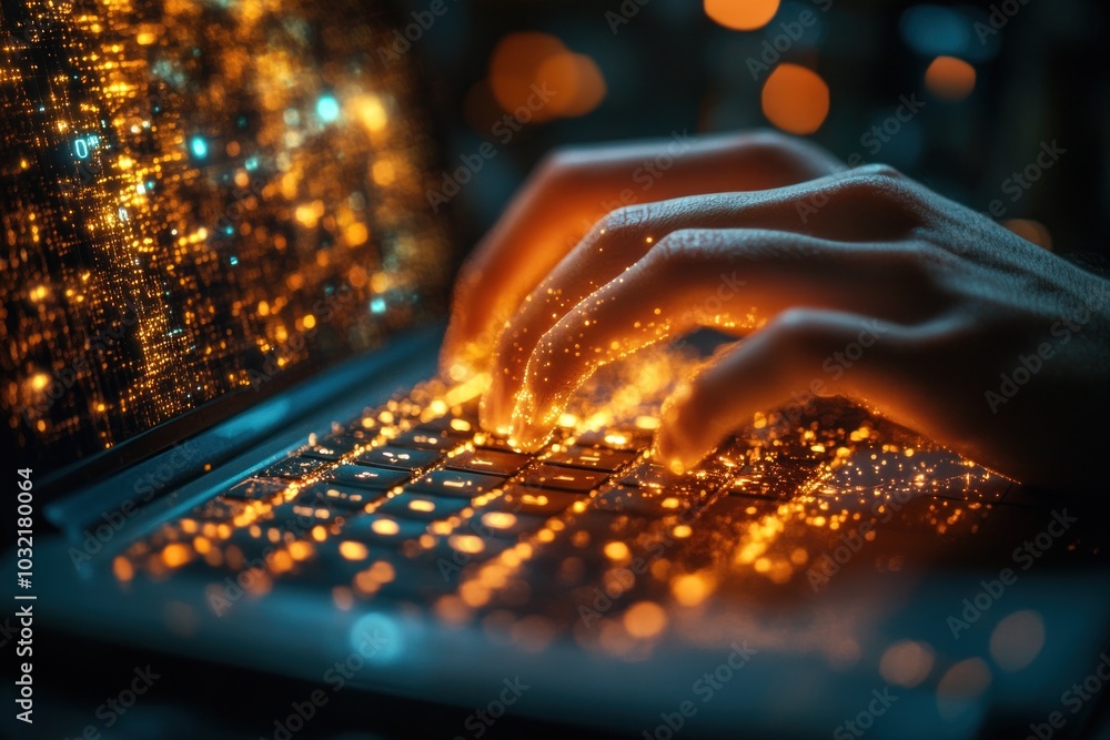 Poster close-up of hands typing on a laptop keyboard with glowing light emanating from the keys.