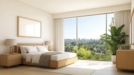 A luxurious bedroom featuring modern furniture, large windows, and abundant natural light, creating a sophisticated and elegant space, perfect for a stylish virtual background.
