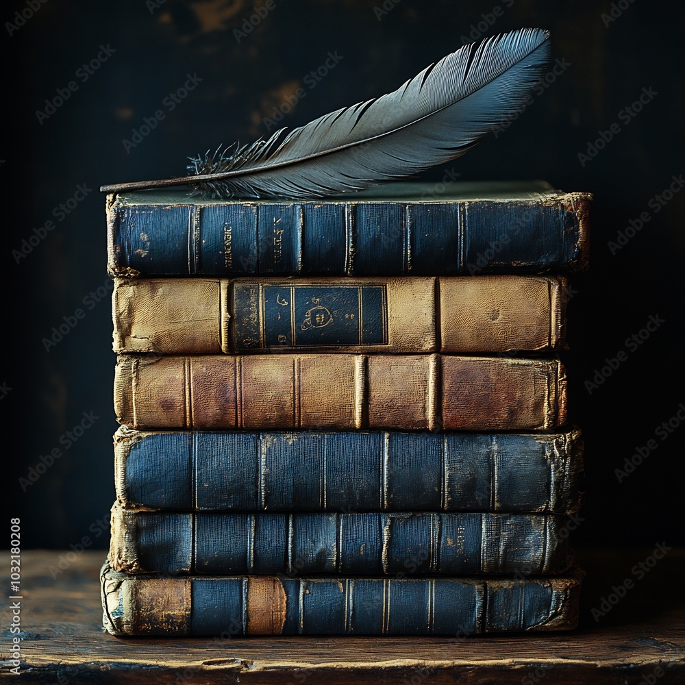 Aufkleber vintage book with a quill feather balanced on top the contrast of the dark background and soft glow 