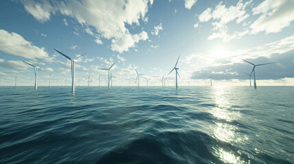 A serene view of offshore wind turbines in a vast ocean under a bright sky.
