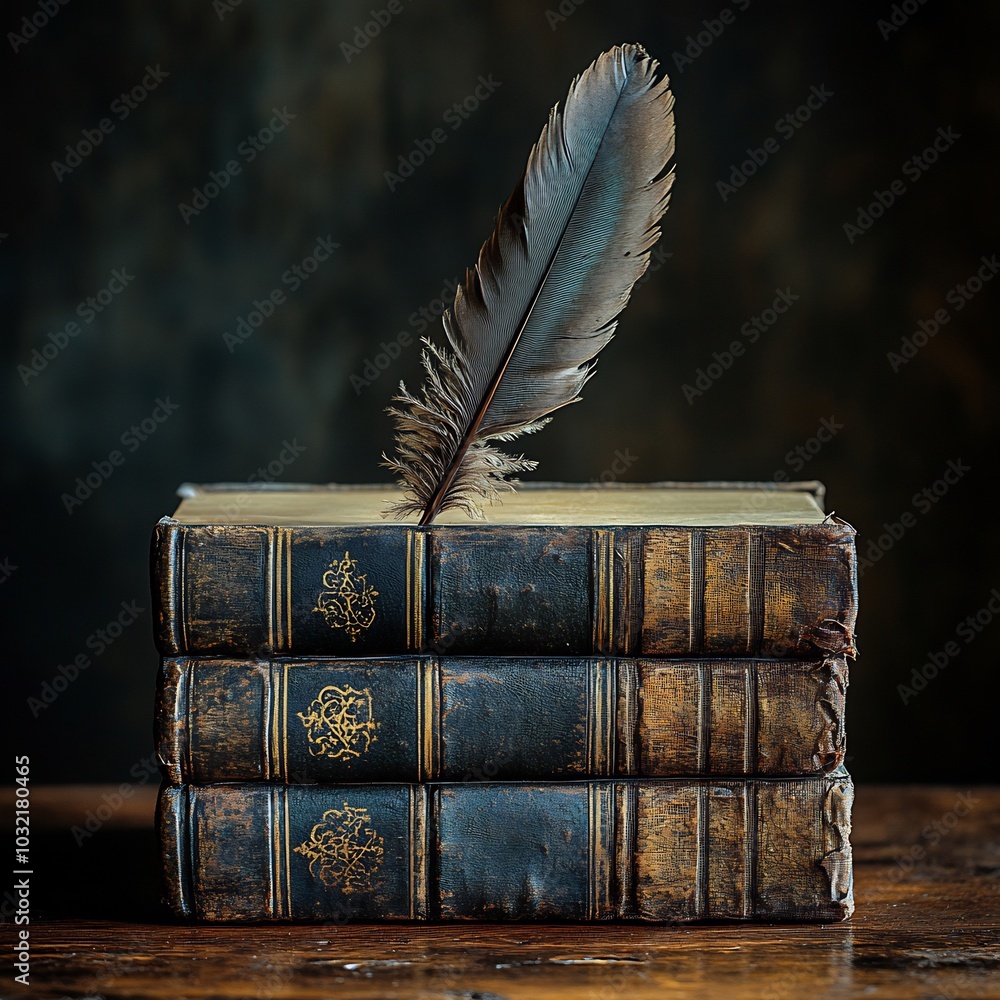 Poster vintage book with a quill feather balanced on top the contrast of the dark background and soft glow 